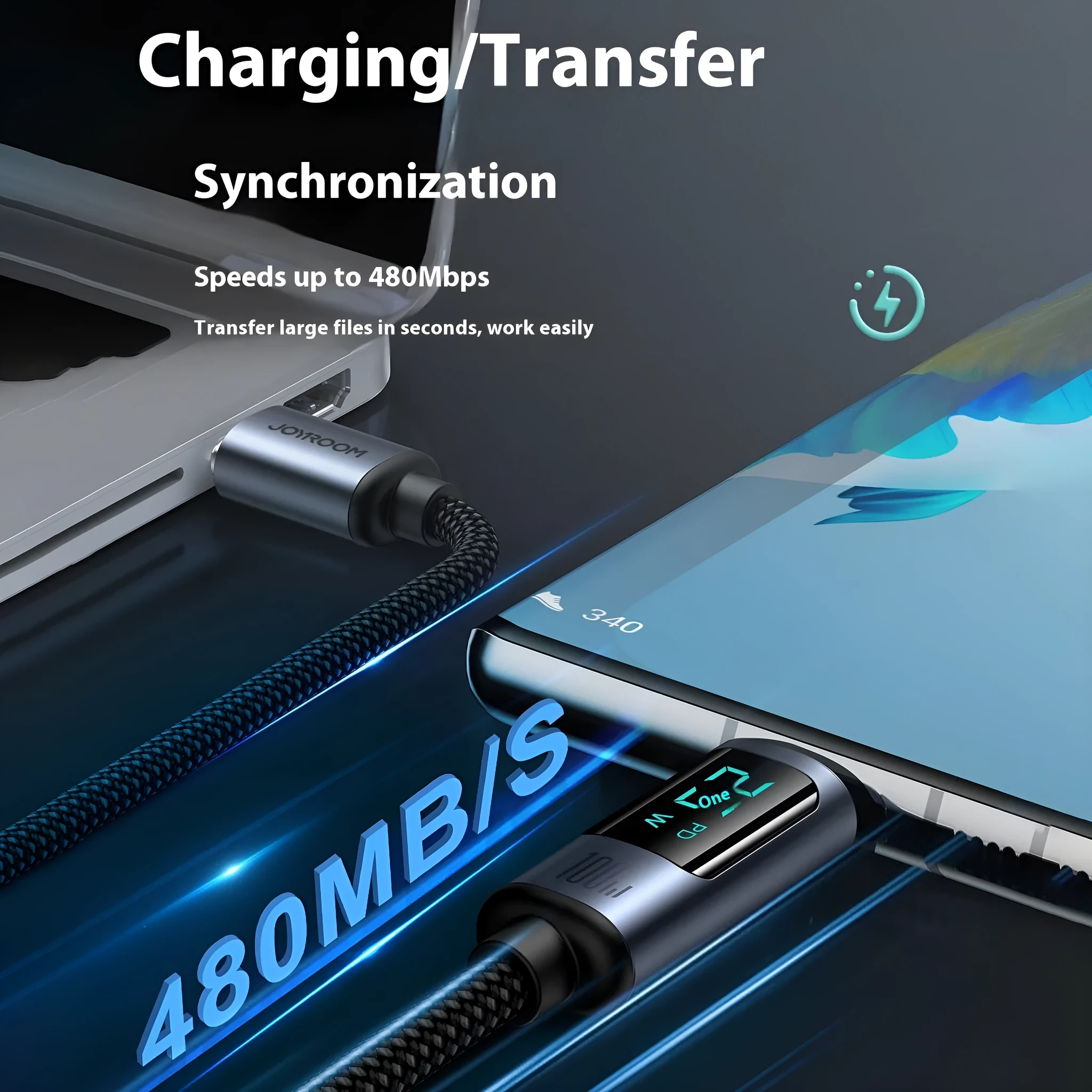 PD20 66W fast charge braided aluminium alloy digital display data cable in black with TypeC connector