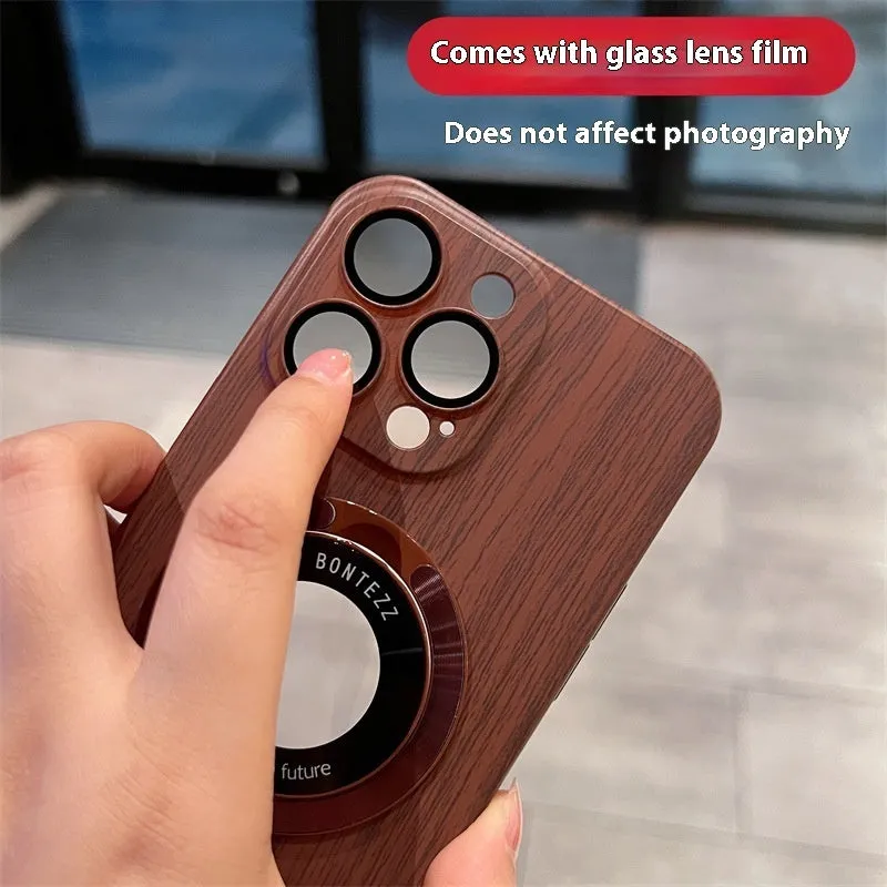 Walnut wood grain PC phone case with magnetic bracket for Apple iPhone 12 13 14 series shockproof and anti-fall