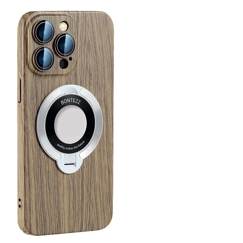 Walnut wood grain PC phone case with magnetic bracket for Apple iPhone 12 13 14 series shockproof and anti-fall