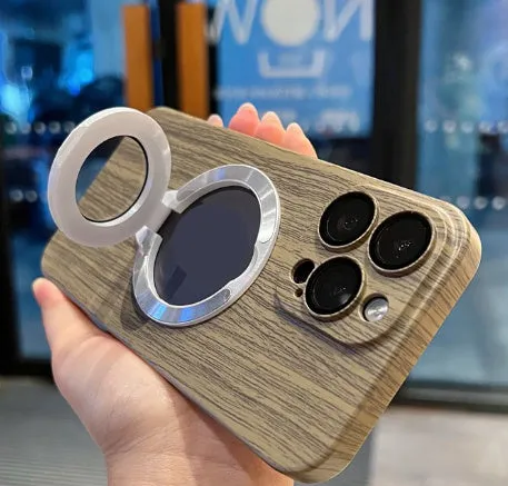 Walnut wood grain PC phone case with magnetic bracket for Apple iPhone 12 13 14 series shockproof and anti-fall