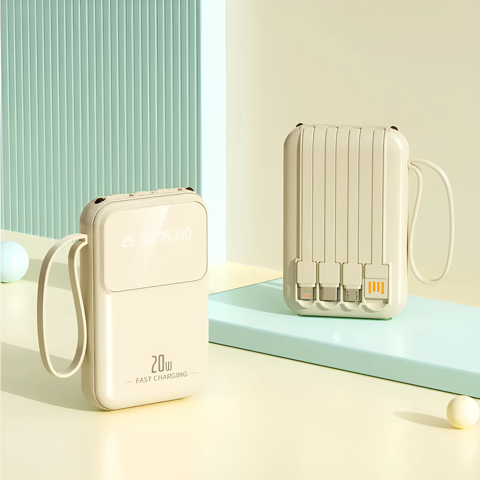 Large capacity 20000mAh mini power bank with colour screen, plastic shell, compact size 101.5 x 66 x 28 mm