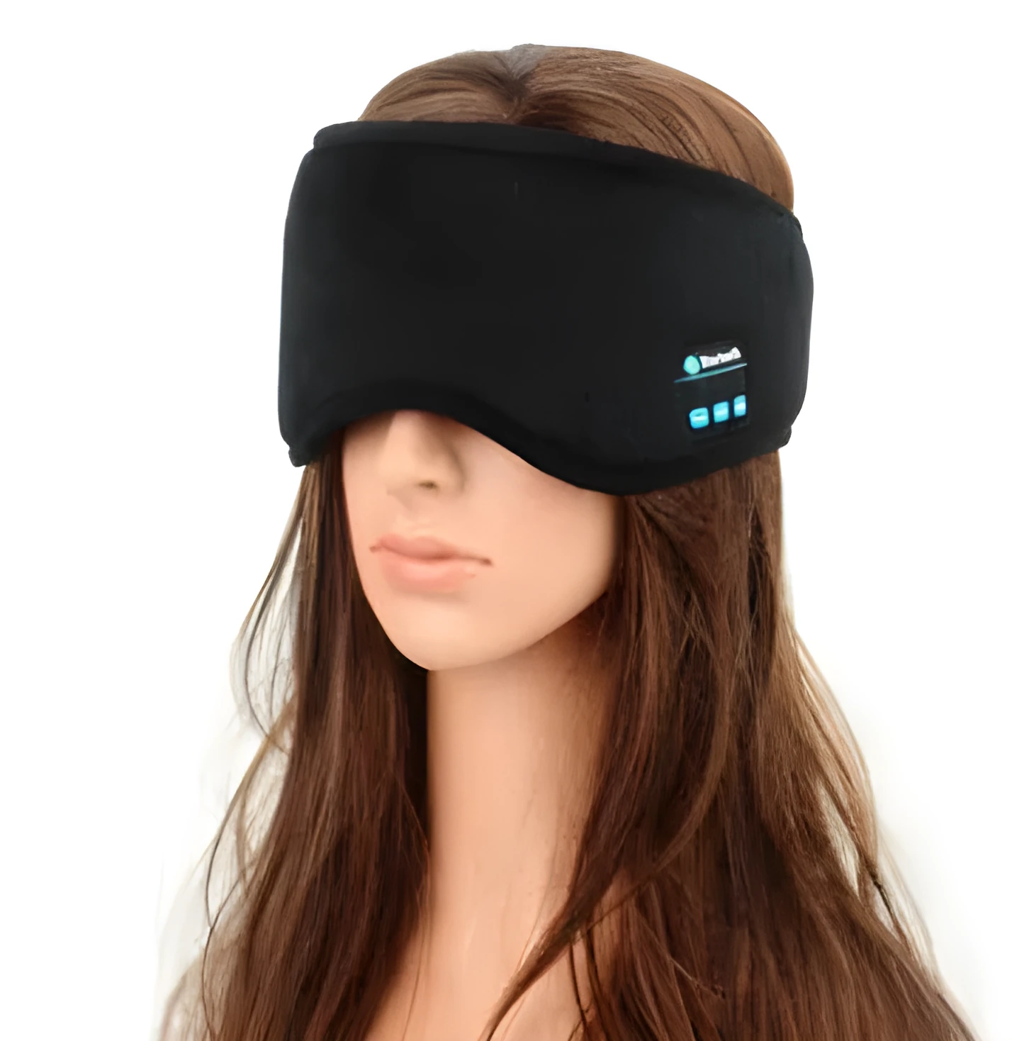 A black wireless Bluetooth sleep mask with built-in small earphones, shown on a model, designed for comfortable, pressure-free music listening during rest.