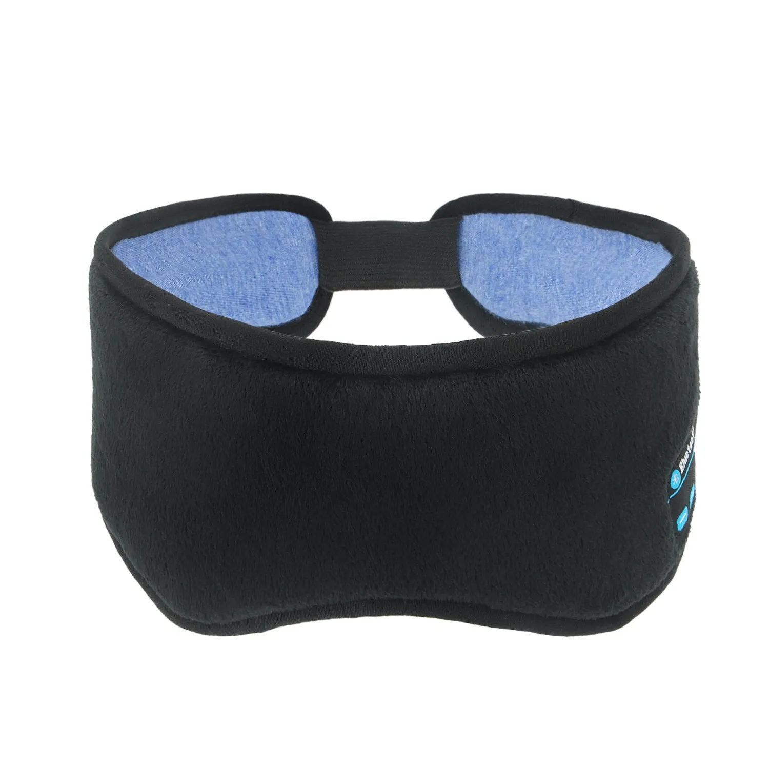A black wireless Bluetooth sleep mask with built-in small earphones, shown on a model, designed for comfortable, pressure-free music listening during rest.