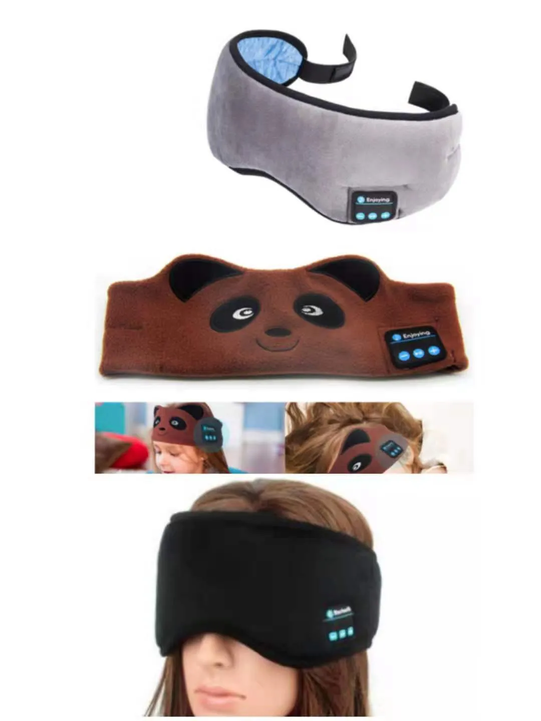 A black wireless Bluetooth sleep mask with built-in small earphones, shown on a model, designed for comfortable, pressure-free music listening during rest.