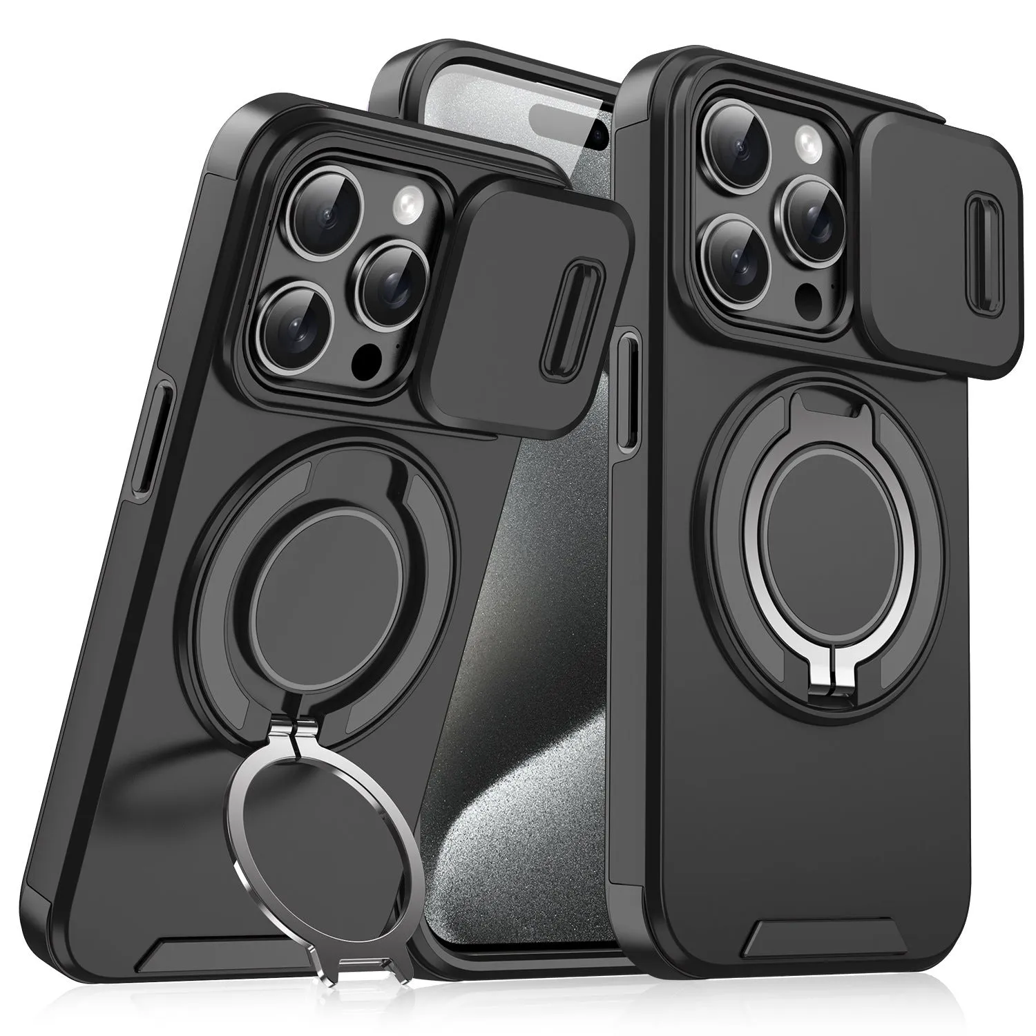 Sliding window bracket drop-resistant phone case for Apple iPhone in black PC material with sprayed finish
