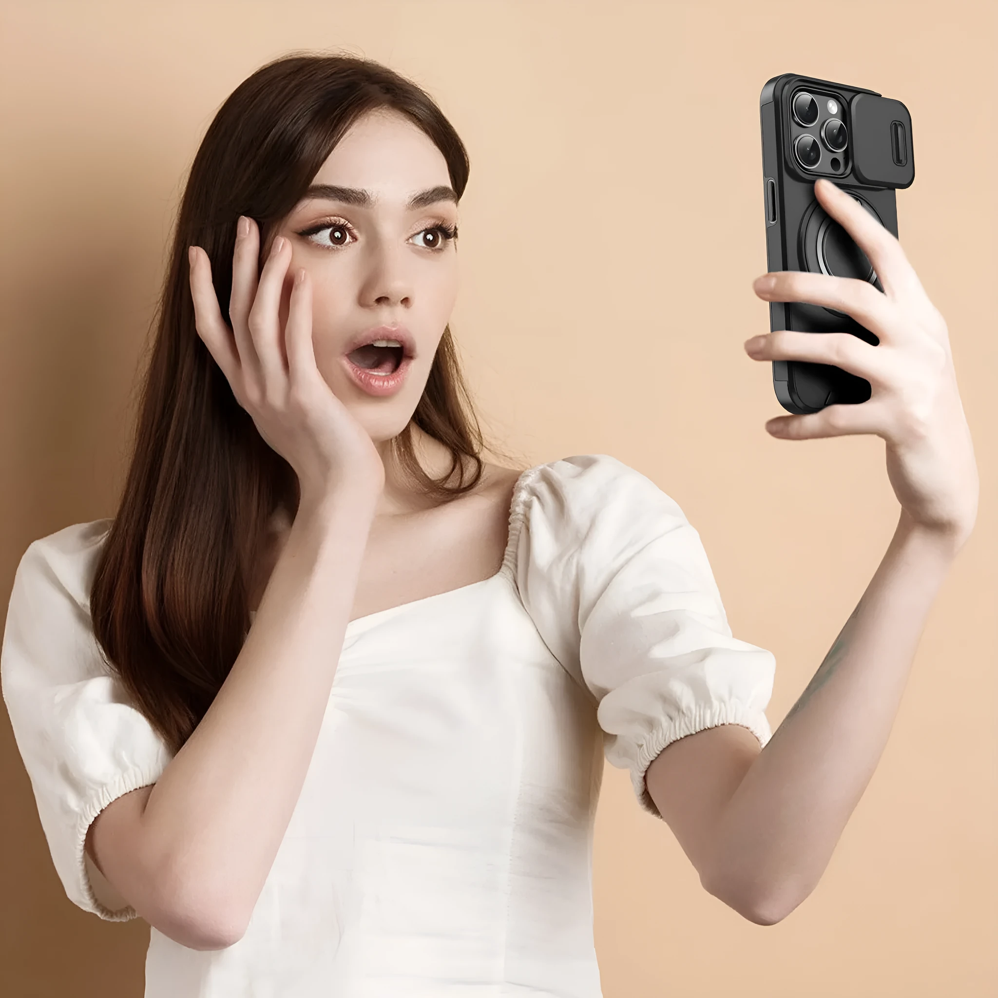 Sliding window bracket drop-resistant phone case for Apple iPhone in black PC material with sprayed finish