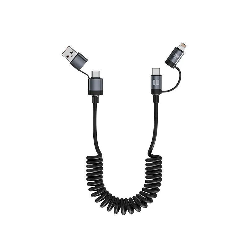 Two Fast Charge car spring wire data cable in black with Lightning and Type-C connectors, 1.5m length, TPU material