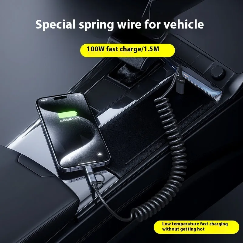Two Fast Charge car spring wire data cable in black with Lightning and Type-C connectors, 1.5m length, TPU material