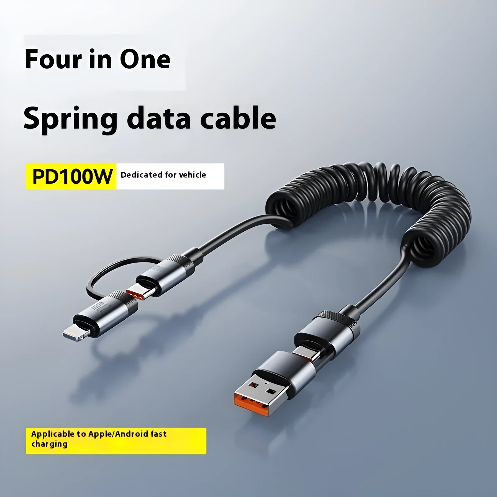 Two Fast Charge car spring wire data cable in black with Lightning and Type-C connectors, 1.5m length, TPU material