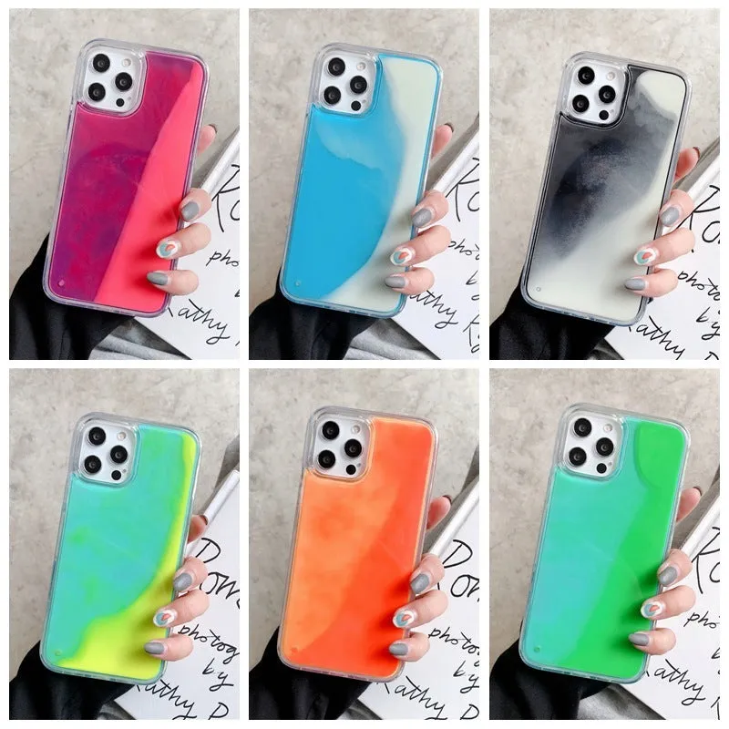 Luminous solid colour liquid quicksand phone case for iPhone in blue glowing in dark