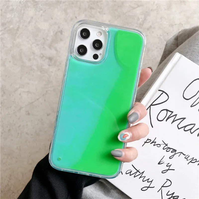 Luminous solid colour liquid quicksand phone case for iPhone in blue glowing in dark