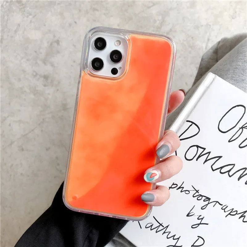 Luminous solid colour liquid quicksand phone case for iPhone in blue glowing in dark