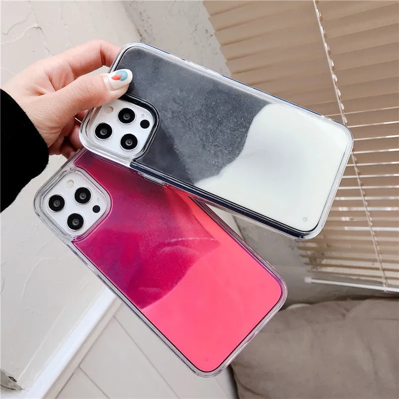 Luminous solid colour liquid quicksand phone case for iPhone in blue glowing in dark