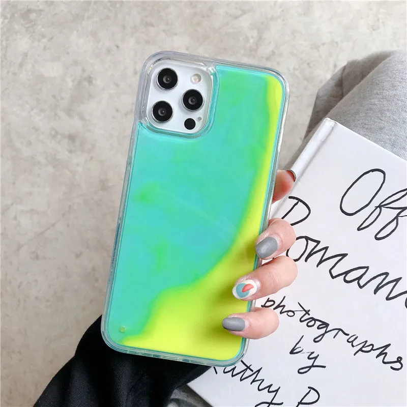 Luminous solid colour liquid quicksand phone case for iPhone in blue glowing in dark