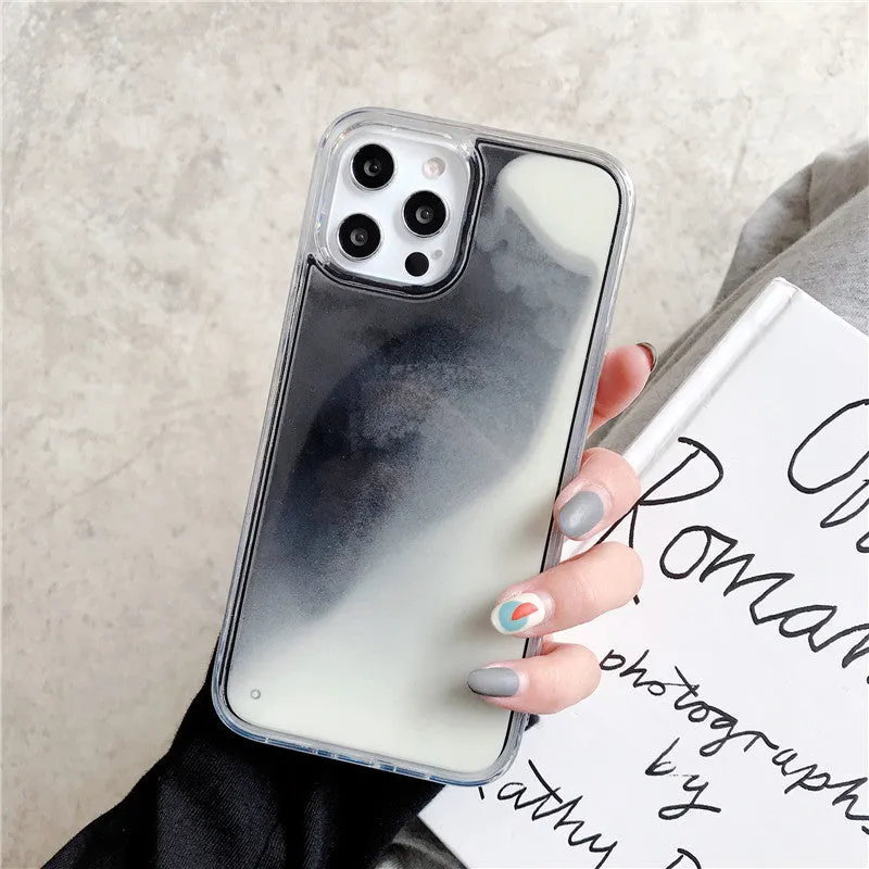 Luminous solid colour liquid quicksand phone case for iPhone in blue glowing in dark