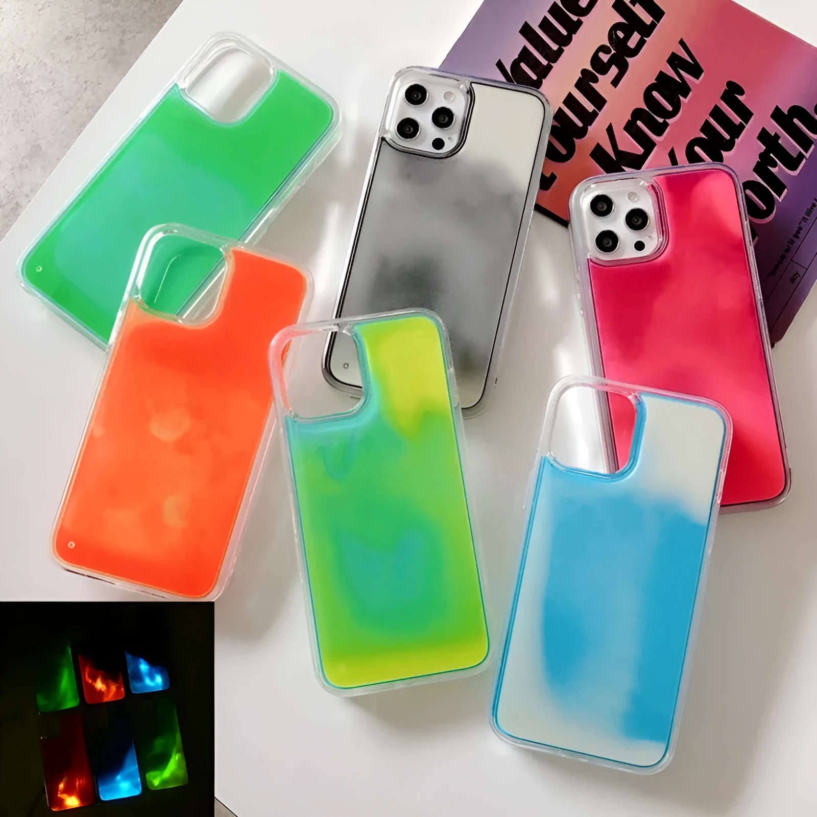 Luminous solid colour liquid quicksand phone case for iPhone in blue glowing in dark