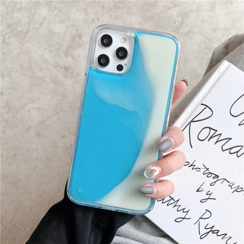 Luminous solid colour liquid quicksand phone case for iPhone in blue glowing in dark