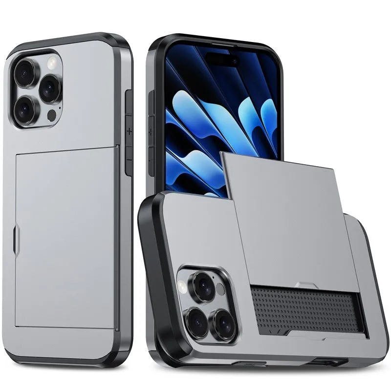 Two-in-one mobile phone case with sliding card holder for iPhone 16, TPU PC anti-drop protective case, available in Black