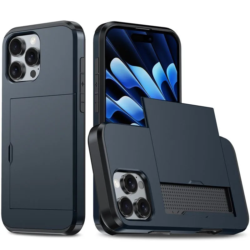 Two-in-one mobile phone case with sliding card holder for iPhone 16, TPU PC anti-drop protective case, available in Black