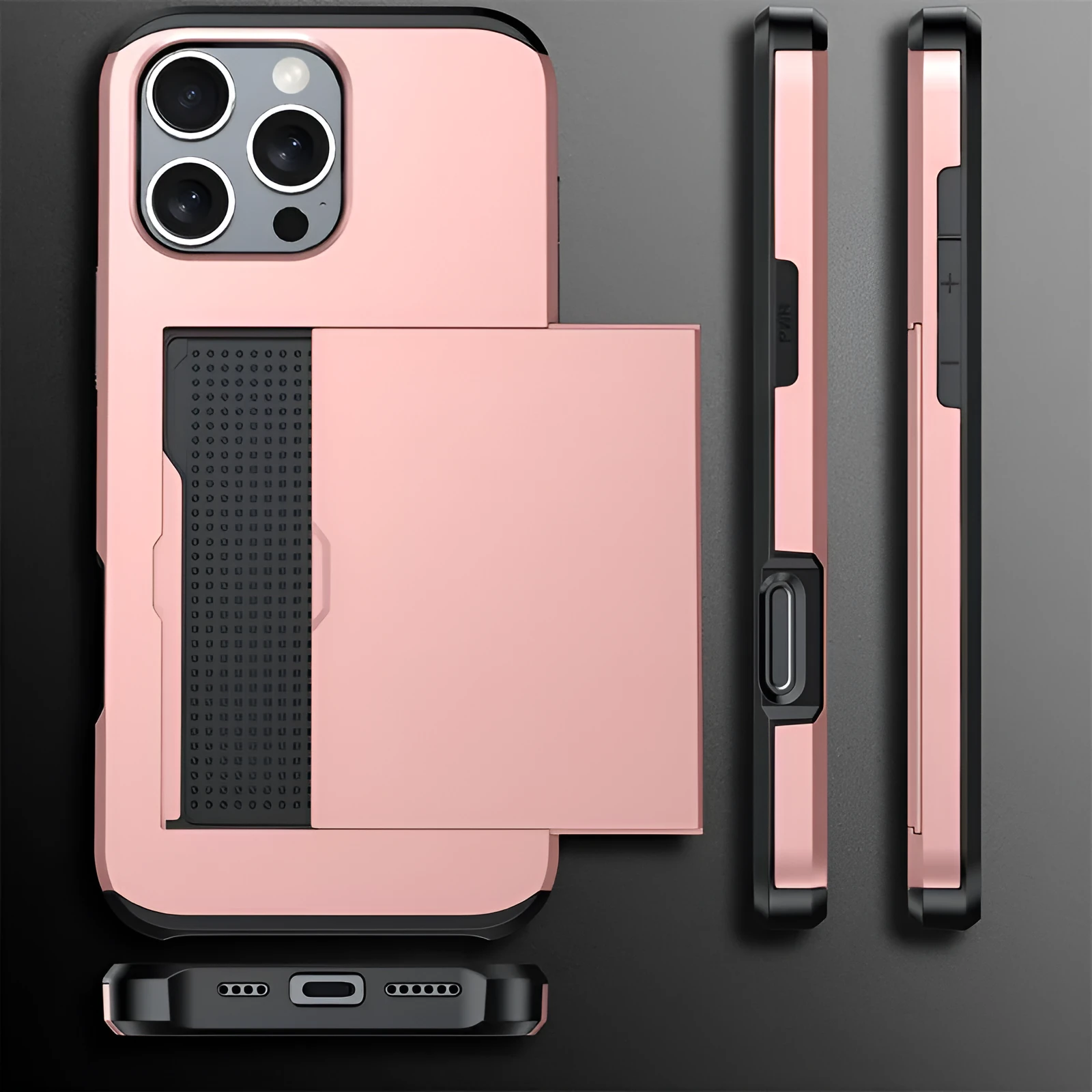 Two-in-one mobile phone case with sliding card holder for iPhone 16, TPU PC anti-drop protective case, available in Black