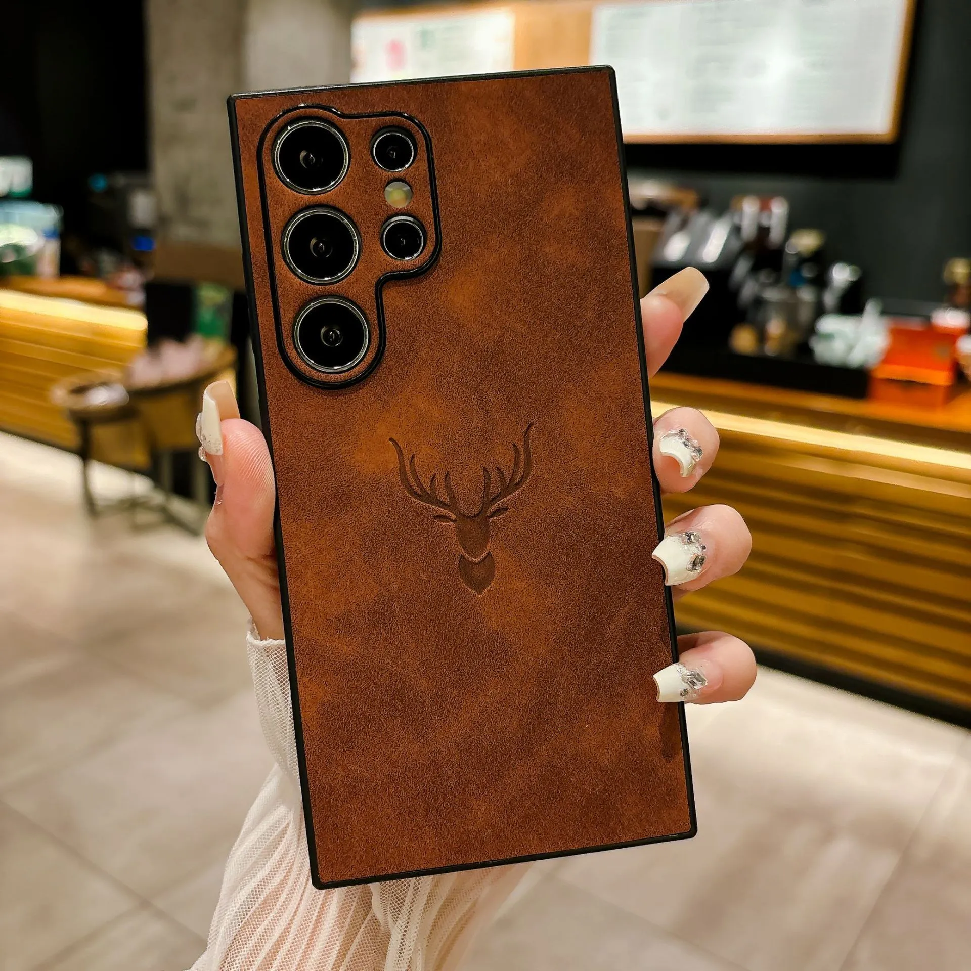 Deer head embossed magnetic phone case for Samsung S24 Ultra in dark brown leather style