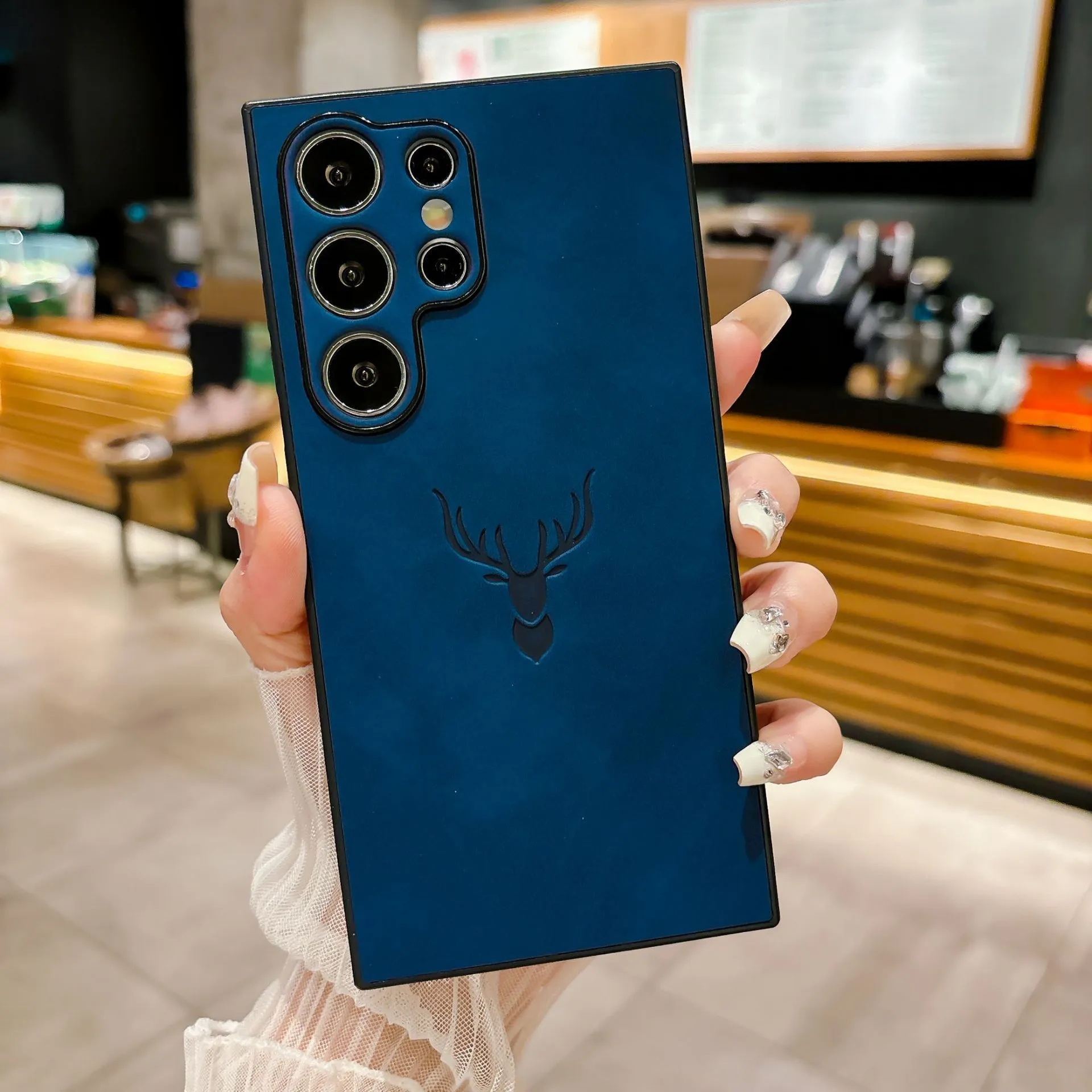 Deer head embossed magnetic phone case for Samsung S24 Ultra in dark brown leather style