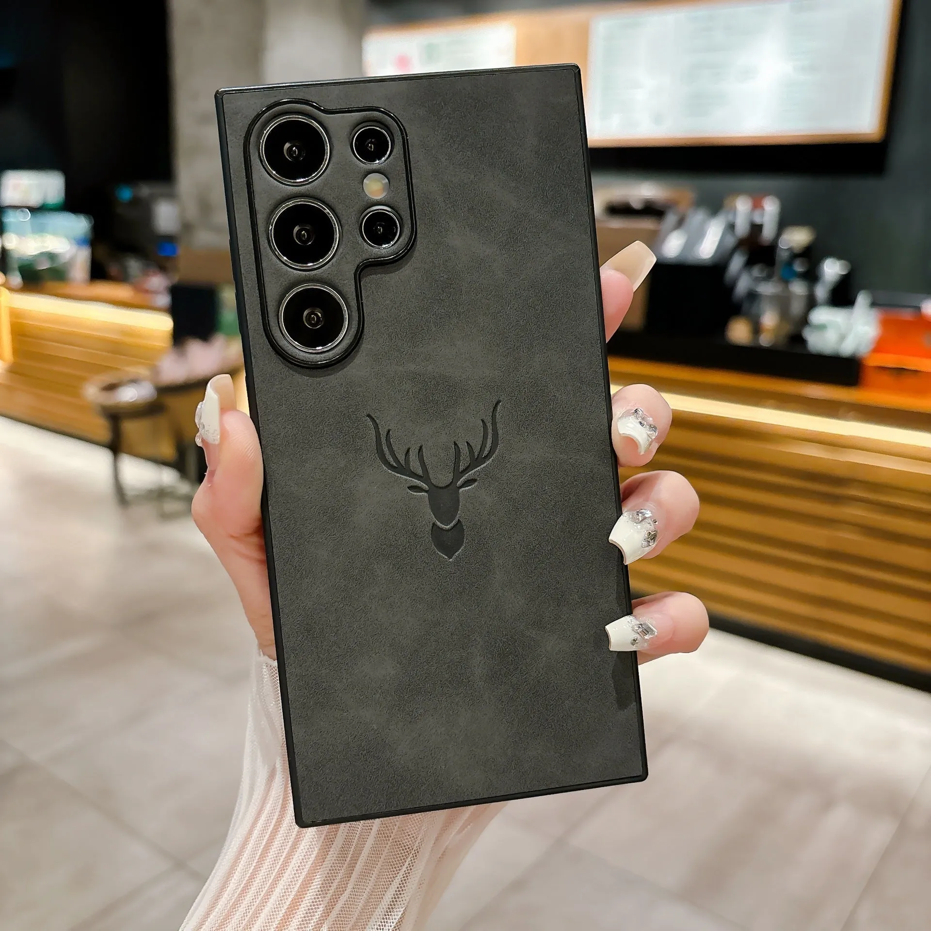 Deer head embossed magnetic phone case for Samsung S24 Ultra in dark brown leather style
