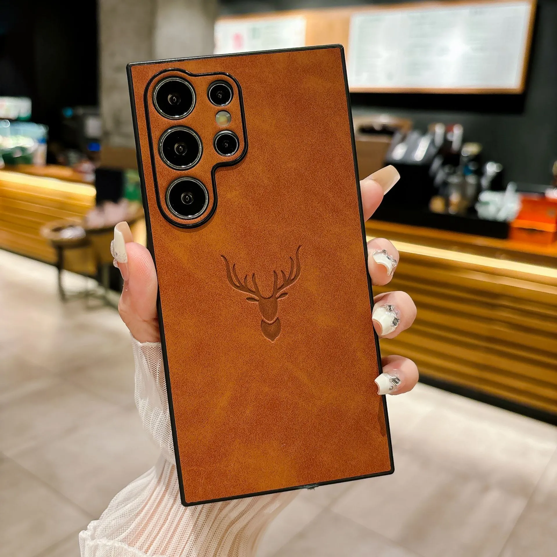 Deer head embossed magnetic phone case for Samsung S24 Ultra in dark brown leather style