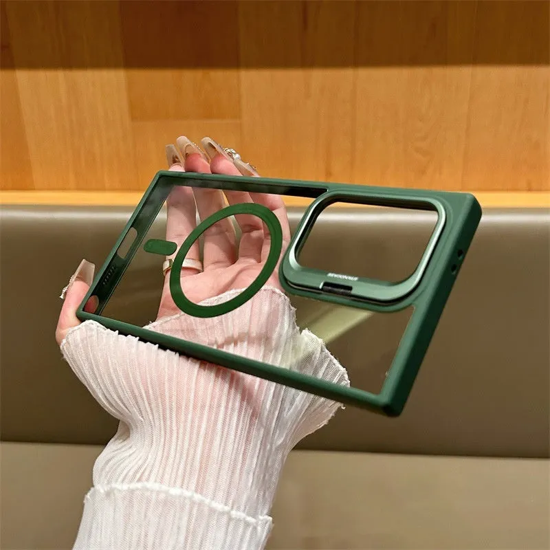 Transparent magnetic phone case with invisible bracket for Samsung Galaxy, black colour, flat lay view