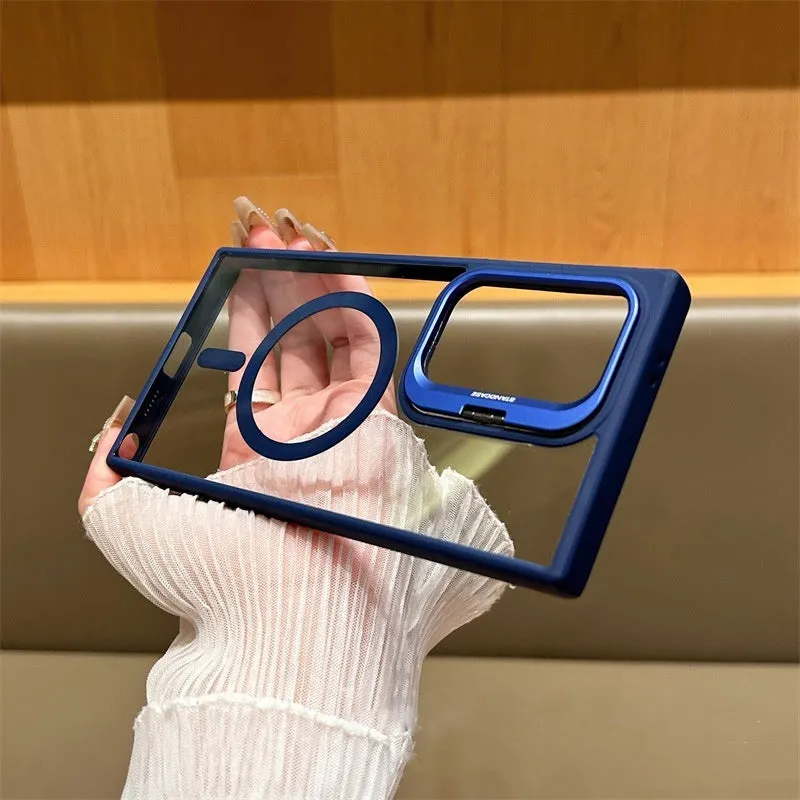 Transparent magnetic phone case with invisible bracket for Samsung Galaxy, black colour, flat lay view