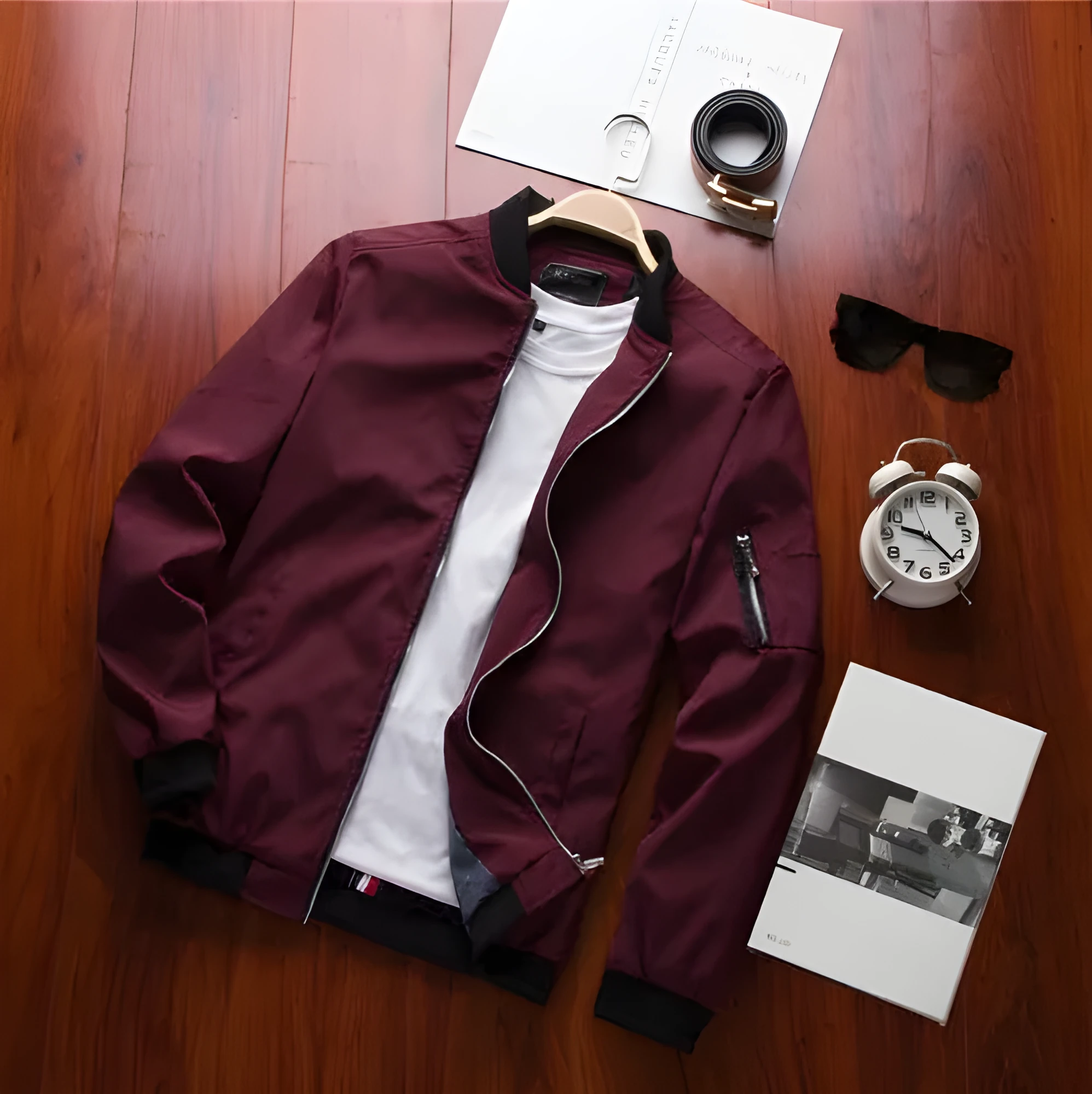 Men's slim-fit casual baseball jacket with zipper and ribbed cuffs in a solid colour.