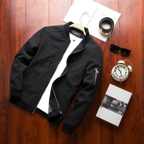 Men's slim-fit casual baseball jacket with zipper and ribbed cuffs in a solid colour.