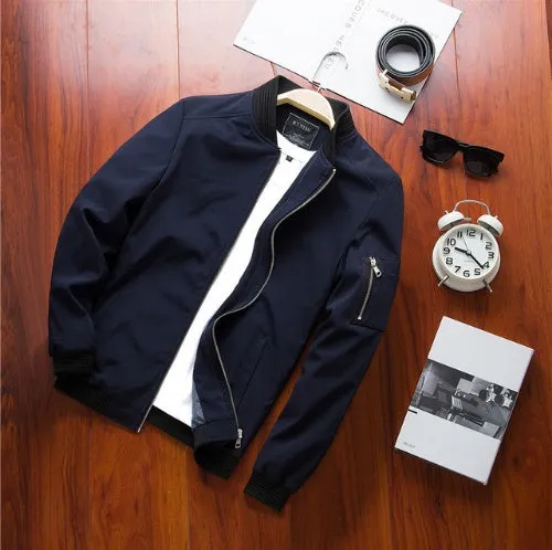 Men's slim-fit casual baseball jacket with zipper and ribbed cuffs in a solid colour.