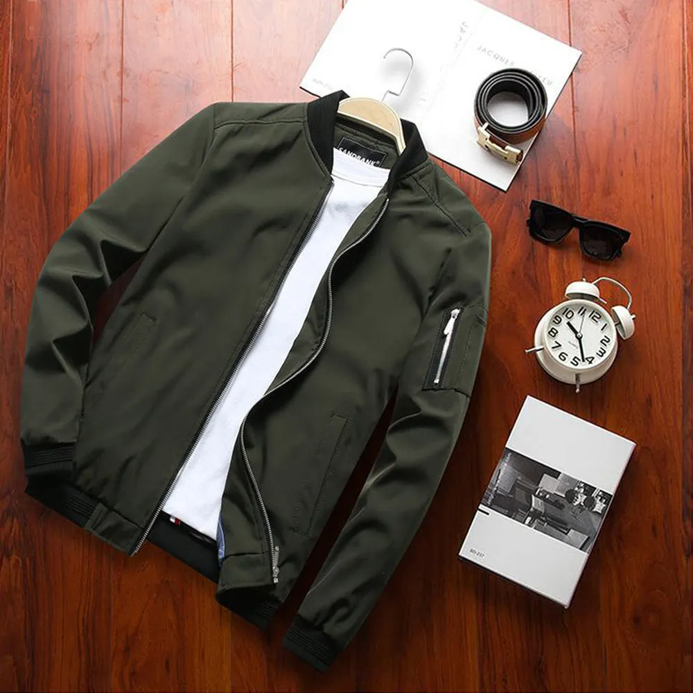 Men's slim-fit casual baseball jacket with zipper and ribbed cuffs in a solid colour.