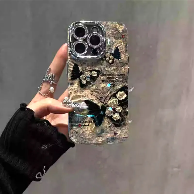 Retro brown butterfly acrylic phone case with lens bracket for Apple iPhone