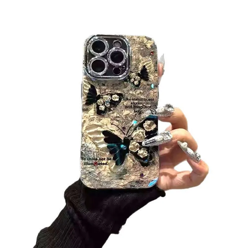 Retro brown butterfly acrylic phone case with lens bracket for Apple iPhone