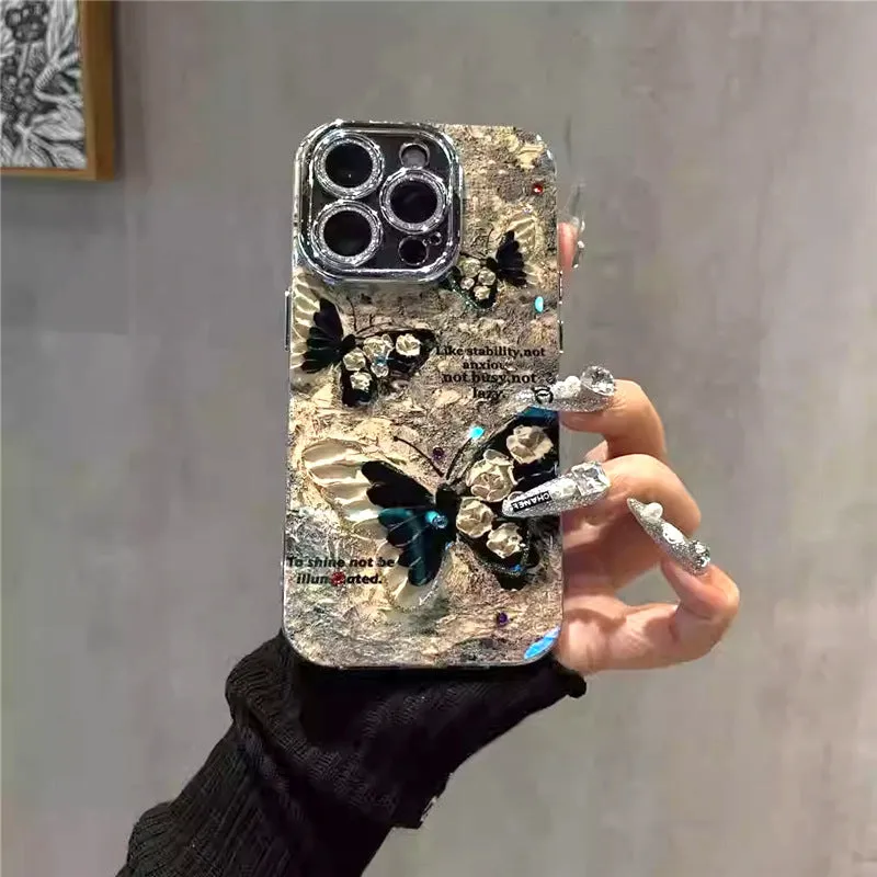 Retro brown butterfly acrylic phone case with lens bracket for Apple iPhone