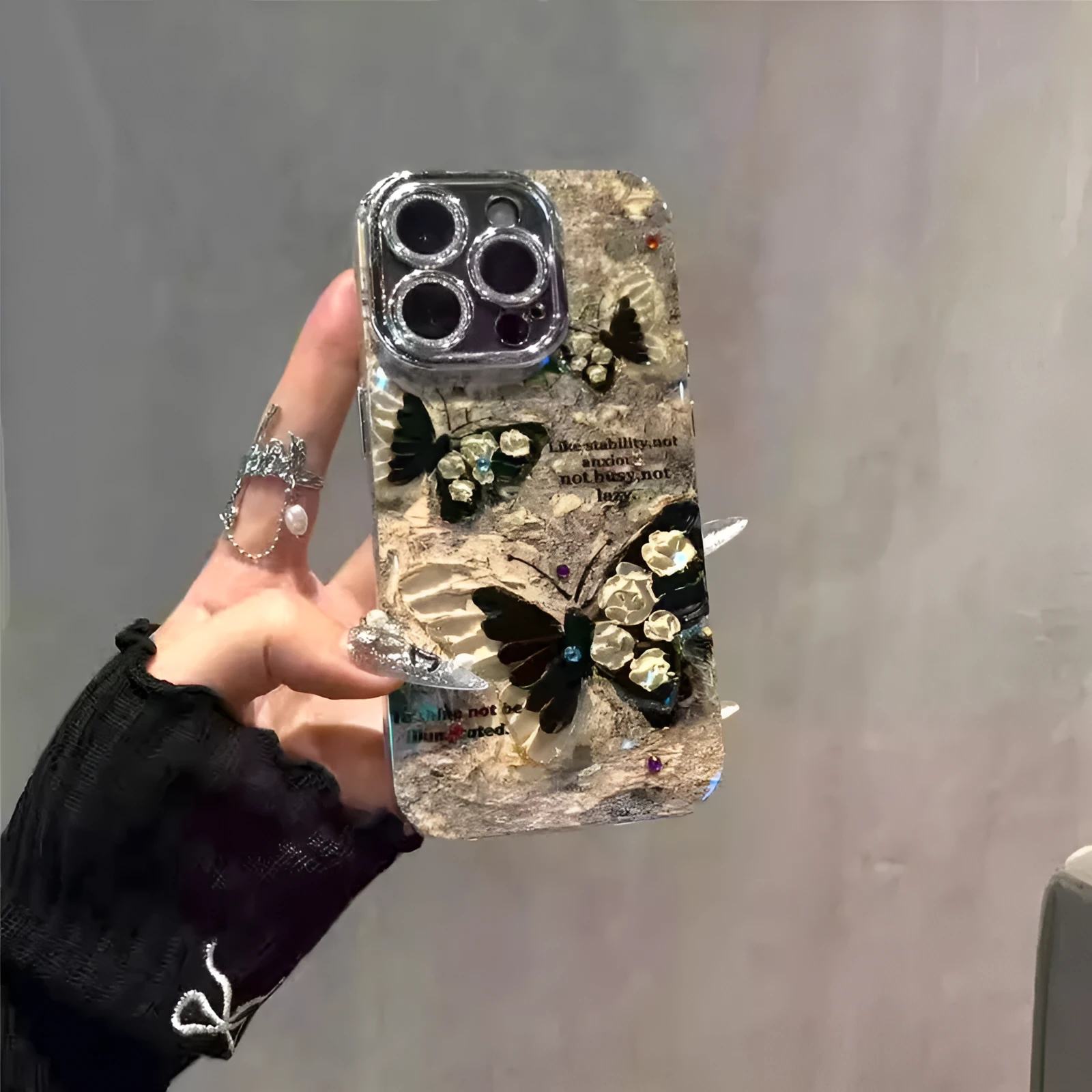 Retro brown butterfly acrylic phone case with lens bracket for Apple iPhone
