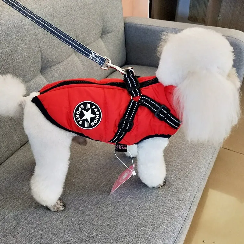 Waterproof dog coat with built-in harness in red, navy blue, or army green colours