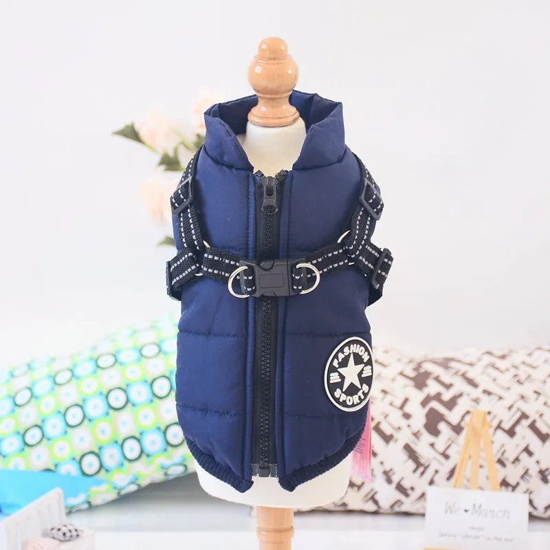 Waterproof dog coat with built-in harness in red, navy blue, or army green colours