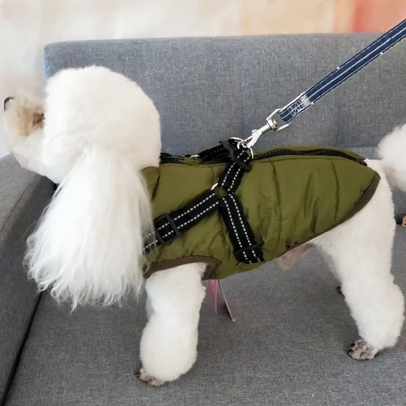 Waterproof dog coat with built-in harness in red, navy blue, or army green colours