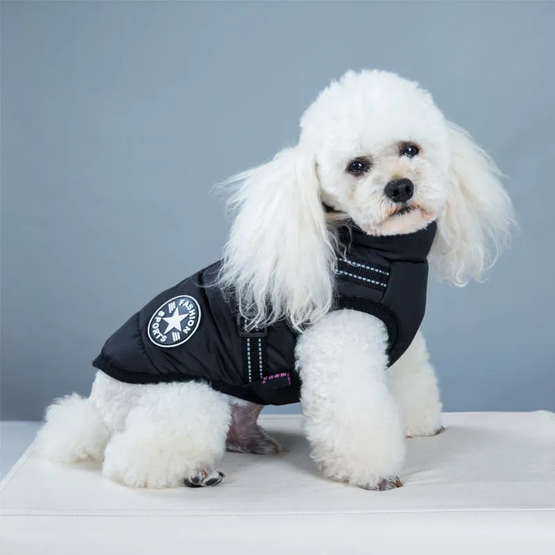 Waterproof dog coat with built-in harness in red, navy blue, or army green colours
