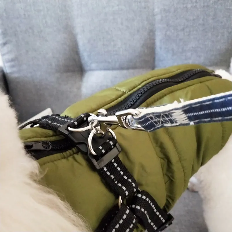 Waterproof dog coat with built-in harness in red, navy blue, or army green colours