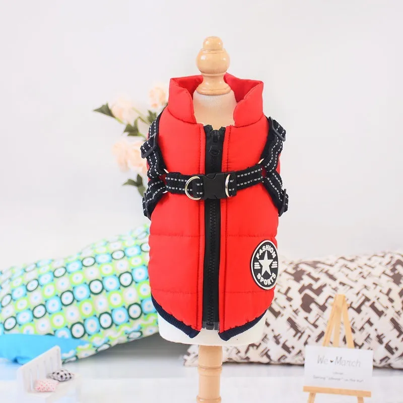 Waterproof dog coat with built-in harness in red, navy blue, or army green colours