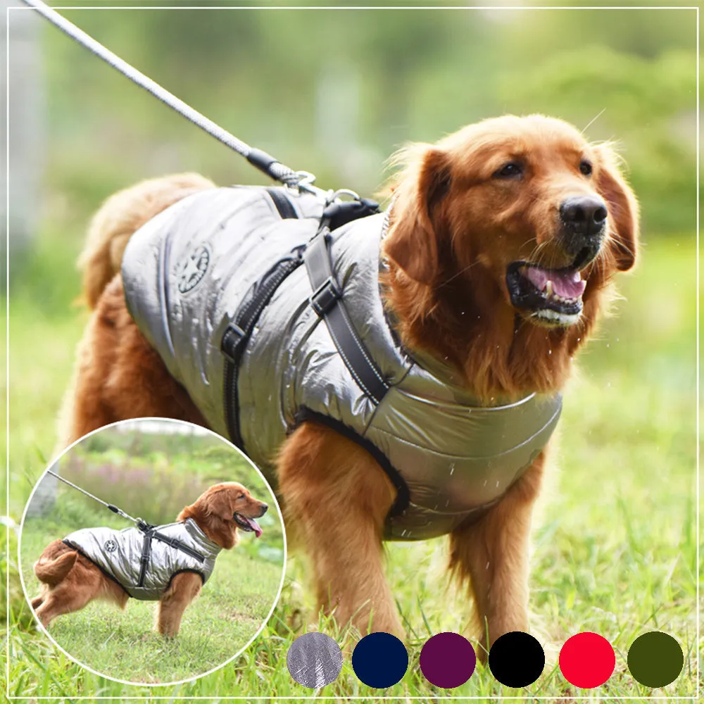 Waterproof dog coat with built-in harness in red, navy blue, or army green colours