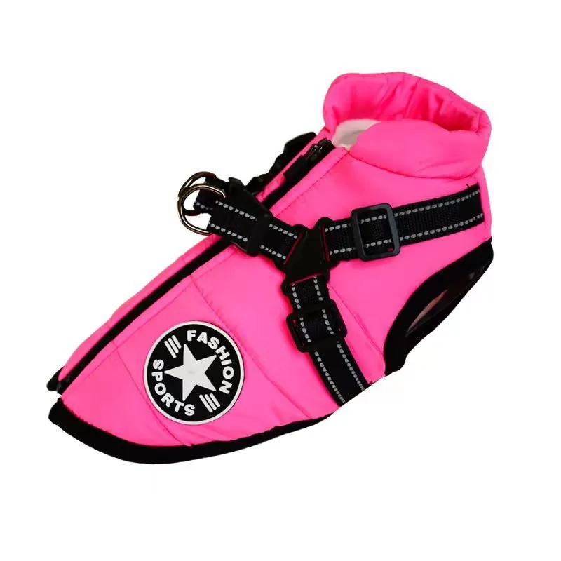Waterproof dog coat with built-in harness in red, navy blue, or army green colours