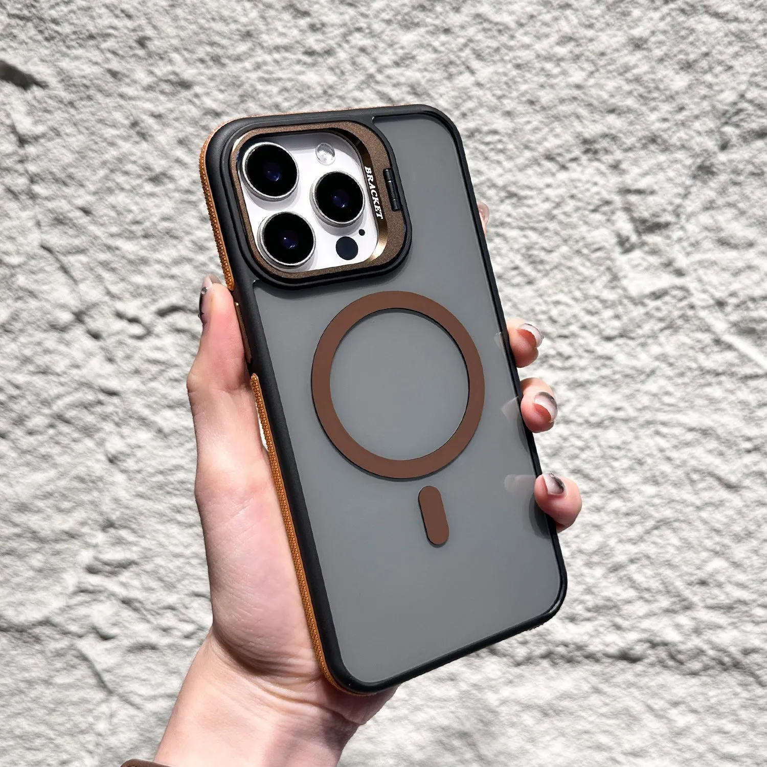 Invisible lens bracket magnetic phone case for iPhone in RW Black colour, showing TPU PC two-in-one design with integrated bracket