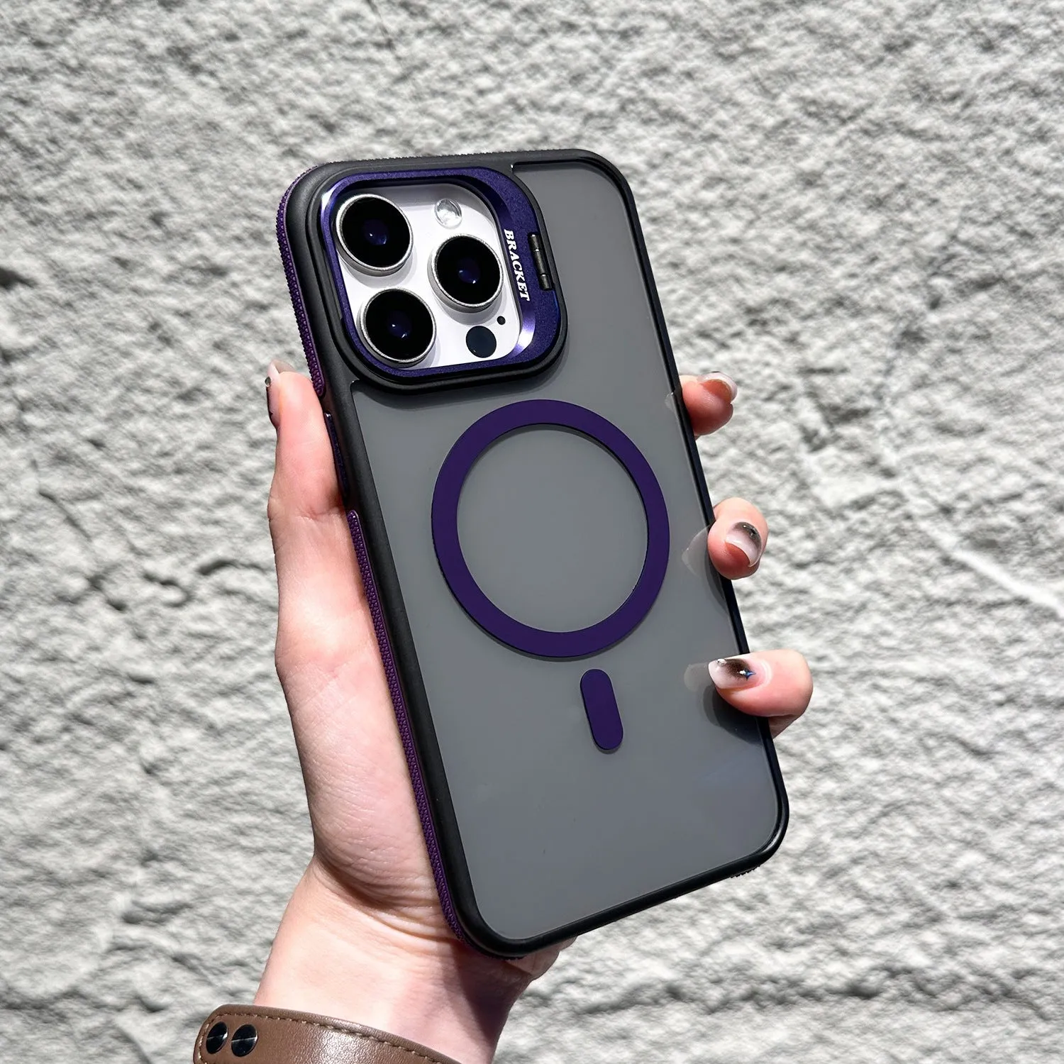 Invisible lens bracket magnetic phone case for iPhone in RW Black colour, showing TPU PC two-in-one design with integrated bracket
