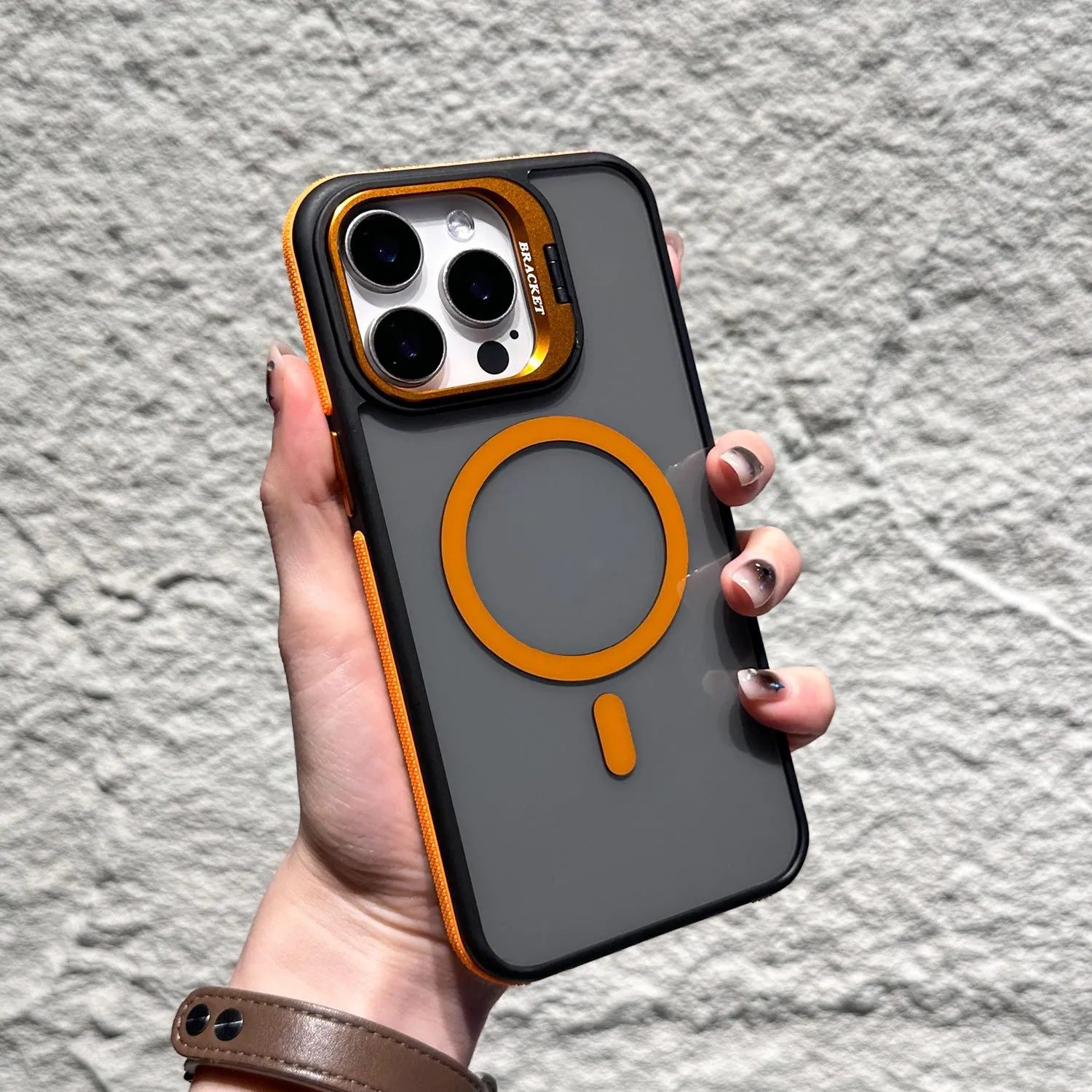 Invisible lens bracket magnetic phone case for iPhone in RW Black colour, showing TPU PC two-in-one design with integrated bracket