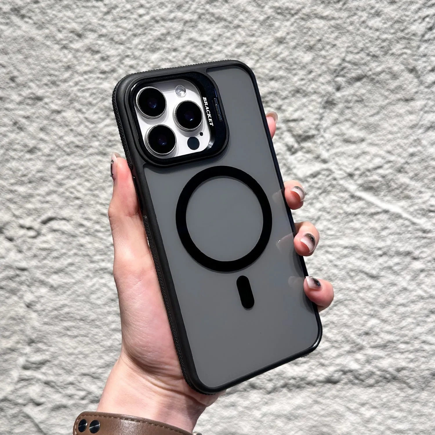 Invisible lens bracket magnetic phone case for iPhone in RW Black colour, showing TPU PC two-in-one design with integrated bracket